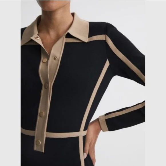 Reiss Nikki Contrast Trim Long-Sleeved Mini Dress - Black and Camel - Small - Picture 4 of 6